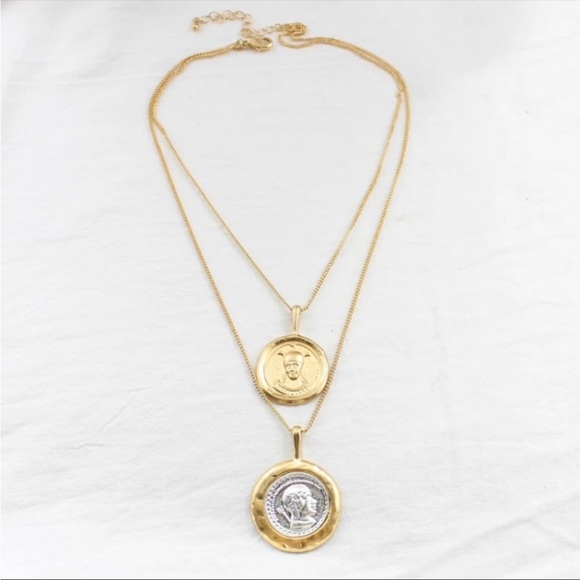 Coin Pendant Vintage Double Chain Layered Necklace - Picture 6 of 11